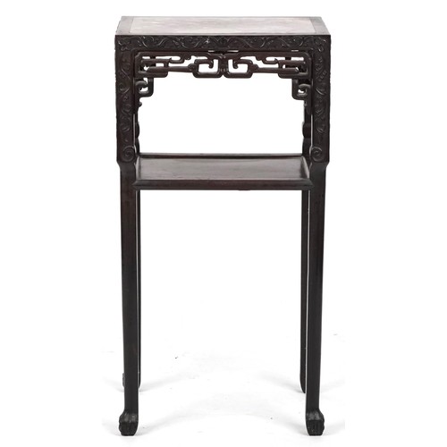 666 - Chinese hardwood two tier stand, late 19th century, with rouge marble top and carved decoration, 80c... 