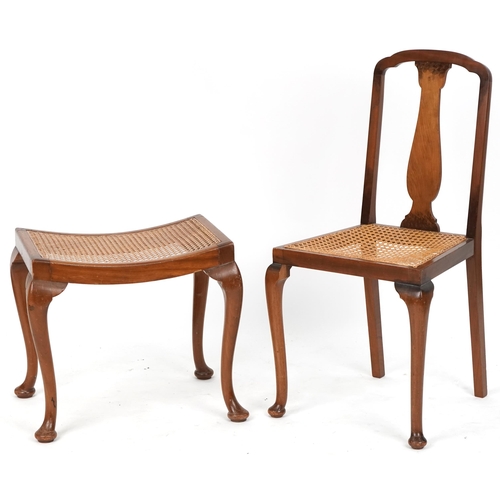 674 - Early 20th century walnut bedroom chair with cane seat together with a similar stool