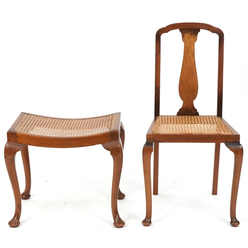 674 - Early 20th century walnut bedroom chair with cane seat together with a similar stool