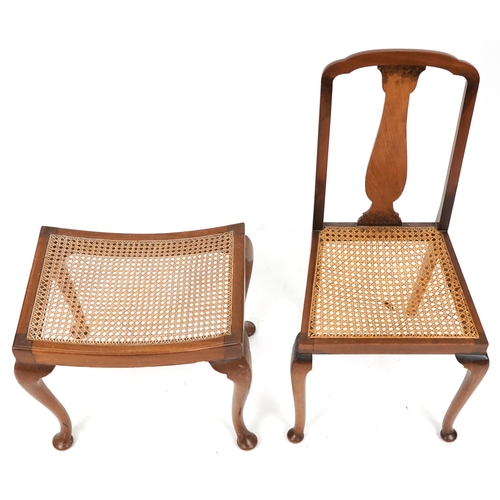 674 - Early 20th century walnut bedroom chair with cane seat together with a similar stool