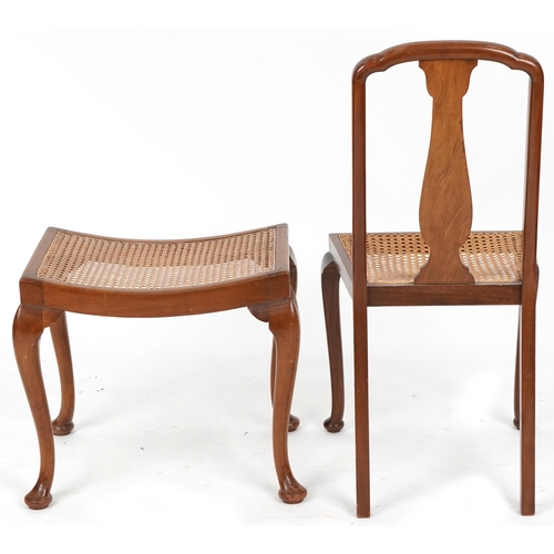 674 - Early 20th century walnut bedroom chair with cane seat together with a similar stool