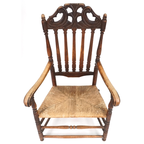 693 - 19th century oak scroll arm country chair with rush seat, 120cm H x 73cm W x 44cm D