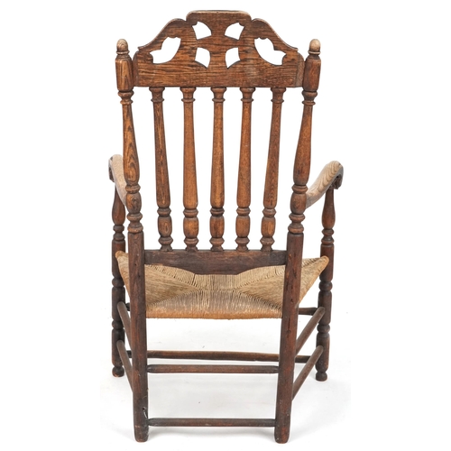 693 - 19th century oak scroll arm country chair with rush seat, 120cm H x 73cm W x 44cm D