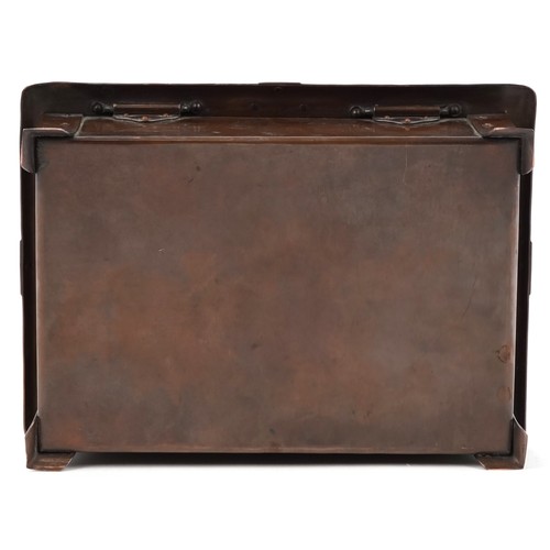 121 - Arts & Crafts copper cigarette box in the manner of Jesson Birkett & Co, the lid inset with a circul... 