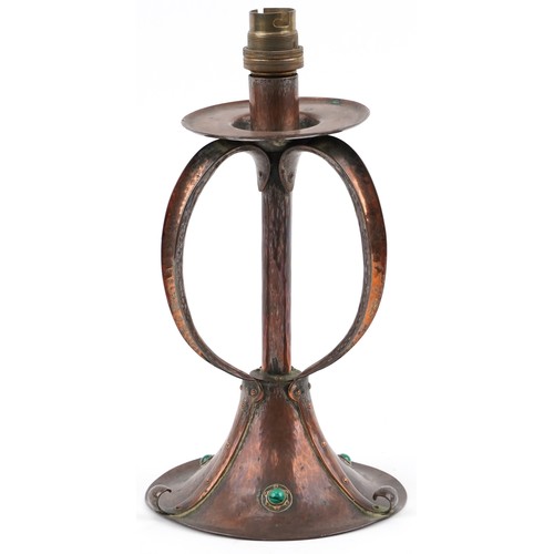 48 - Arts & Crafts copper lamp base inset with three turquoise roundels, 27cm high x 15cm in diameter