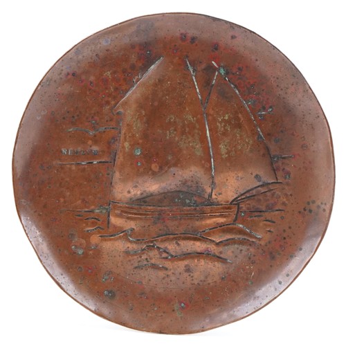 356 - Newlyn Arts & Crafts  copper pin tray decorated with a Lugger, impressed mark to back, 8cm in diamet... 