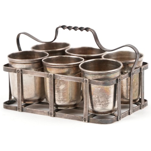 503 - Continental silver plated six division liqueur set, 6cm H x 10.5cm W x 6cm D