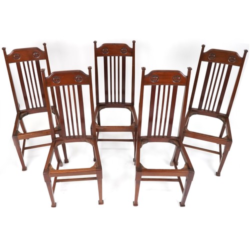 590 - Set of five early 20th century Arts & Crafts style mahogany dining chairs lacking drop in seats