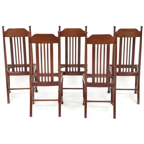 590 - Set of five early 20th century Arts & Crafts style mahogany dining chairs lacking drop in seats