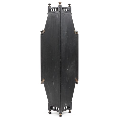 684 - Late 19th century Aesthetic Movement ebonised corner hanging shelf with mirrored back and painted pa... 