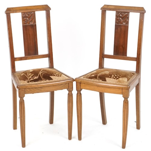 626 - Pair of early 20th century Art Nouveau style walnut bedroom chairs with carved back rails, 89cm H x ... 