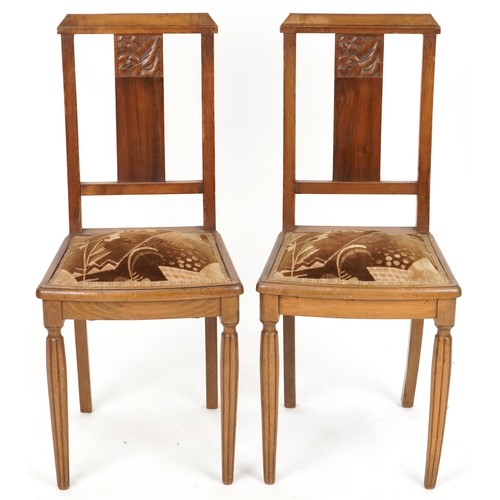 626 - Pair of early 20th century Art Nouveau style walnut bedroom chairs with carved back rails, 89cm H x ... 