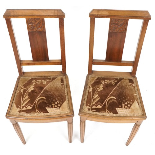 626 - Pair of early 20th century Art Nouveau style walnut bedroom chairs with carved back rails, 89cm H x ... 