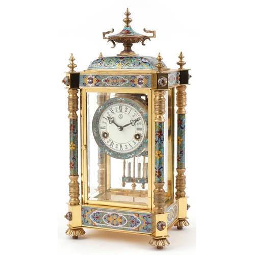 1090 - French champlevé enamel and brass four glass mantle clock striking on a gong, with enamelled dial an... 