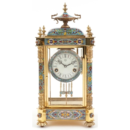 1090 - French champlevé enamel and brass four glass mantle clock striking on a gong, with enamelled dial an... 