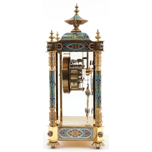 1090 - French champlevé enamel and brass four glass mantle clock striking on a gong, with enamelled dial an... 