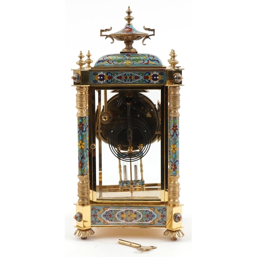 1090 - French champlevé enamel and brass four glass mantle clock striking on a gong, with enamelled dial an... 