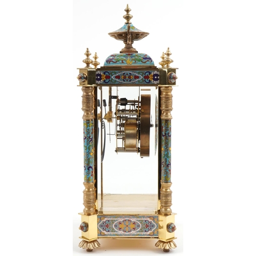 1090 - French champlevé enamel and brass four glass mantle clock striking on a gong, with enamelled dial an... 