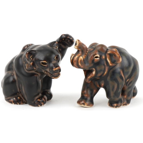 2127 - Two Danish pottery animals with paper labels for Axel Brandt and Rambusch, the largest 11cm in lengt... 