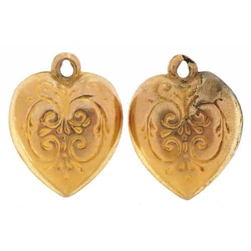 3323 - Two 9ct gold engraved love heart charms, each 1.3cm high, total 0.9g