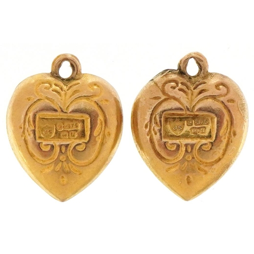 3323 - Two 9ct gold engraved love heart charms, each 1.3cm high, total 0.9g