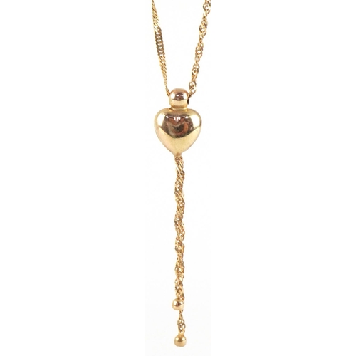 3262 - 9ct gold love heart tassel necklace, 40cm in length, 1.4g