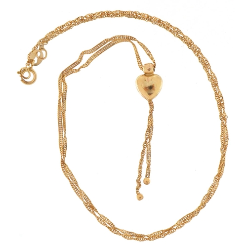 3262 - 9ct gold love heart tassel necklace, 40cm in length, 1.4g