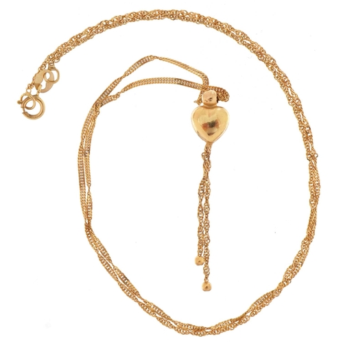 3262 - 9ct gold love heart tassel necklace, 40cm in length, 1.4g