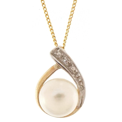 3375 - 9ct gold cultured pearl and diamond pendant on a 9ct gold necklace, 1.1cm high and 44cm in length, t... 