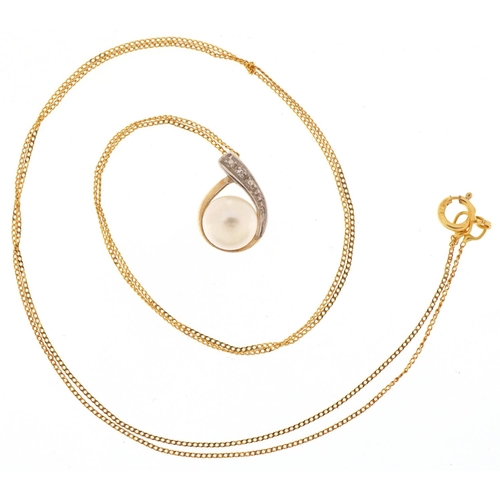 3375 - 9ct gold cultured pearl and diamond pendant on a 9ct gold necklace, 1.1cm high and 44cm in length, t... 