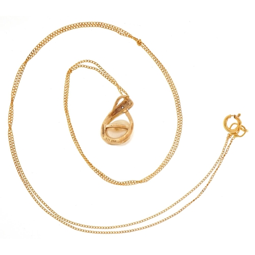 3375 - 9ct gold cultured pearl and diamond pendant on a 9ct gold necklace, 1.1cm high and 44cm in length, t... 