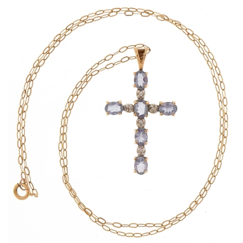 3218 - 9ct gold iolite and diamond cross pendant on a 9ct gold necklace, 2.8cm high and 38cm in length, tot... 