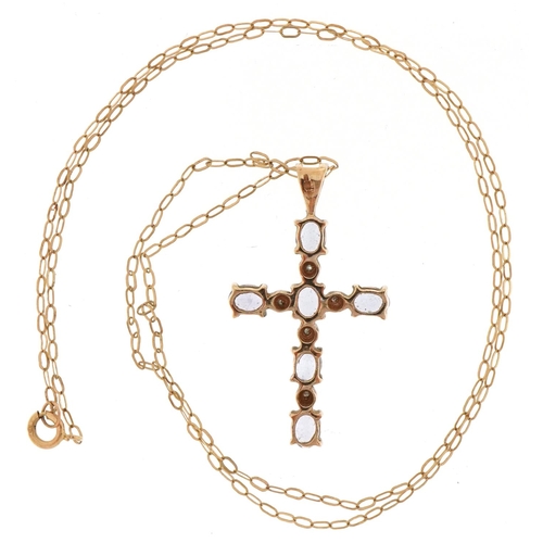 3218 - 9ct gold iolite and diamond cross pendant on a 9ct gold necklace, 2.8cm high and 38cm in length, tot... 