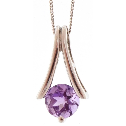 3245 - 9ct white gold amethyst solitaire pendant on a 9ct white gold necklace, 1.4cm high and 44cm in lengt... 