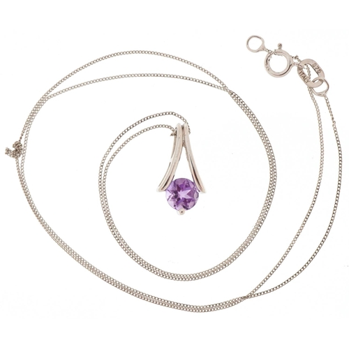 3245 - 9ct white gold amethyst solitaire pendant on a 9ct white gold necklace, 1.4cm high and 44cm in lengt... 