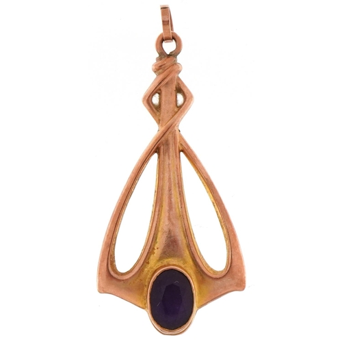 3187 - Art Nouveau yellow metal amethyst pendant, 3.6cm high, 2.1g