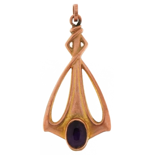 3187 - Art Nouveau yellow metal amethyst pendant, 3.6cm high, 2.1g