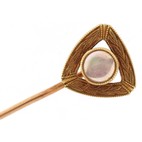 3351 - 14ct gold cabochon opal stickpin, 6cm in length, 1.6g