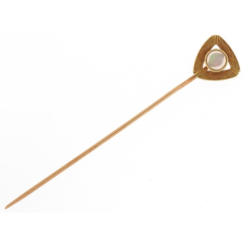 3351 - 14ct gold cabochon opal stickpin, 6cm in length, 1.6g