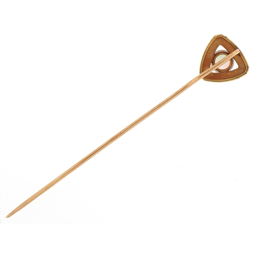 3351 - 14ct gold cabochon opal stickpin, 6cm in length, 1.6g