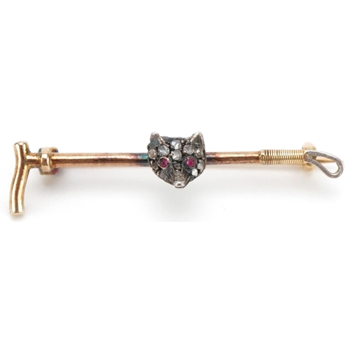 3304 - Antique hunting interest gold brooch in the form of a riding crop and fox head set with diamonds and... 