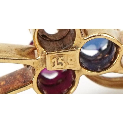 3032 - 15ct gold brooch set with three diamonds, sapphire and ruby, each stone approximately 2.50mm in diam... 