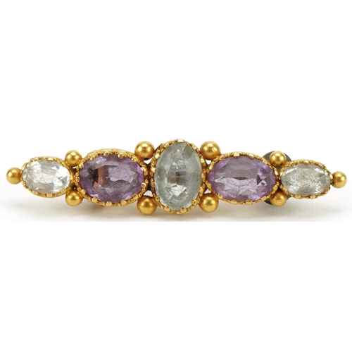 3058 - Antique unmarked gold aquamarine and amethyst bar brooch, 3.8cm wide, 2.9g