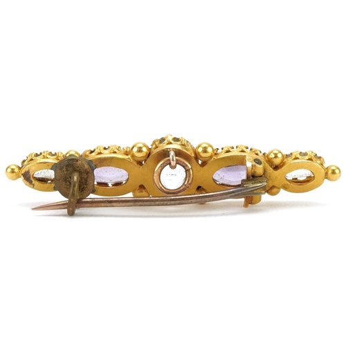 3058 - Antique unmarked gold aquamarine and amethyst bar brooch, 3.8cm wide, 2.9g