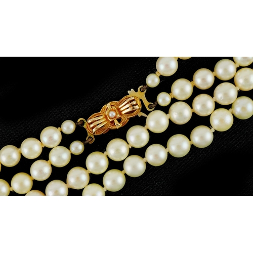 3316 - Two row cultured pearl necklace with 9ct gold clasp, 44cm in length, 46.4g