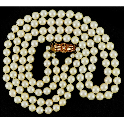 3316 - Two row cultured pearl necklace with 9ct gold clasp, 44cm in length, 46.4g