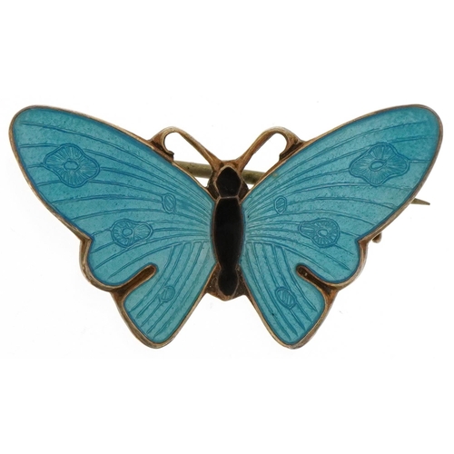 3078 - Silver blue guilloche enamel butterfly brooch, possibly Norwegian, 2.9cm wide, 3.4g