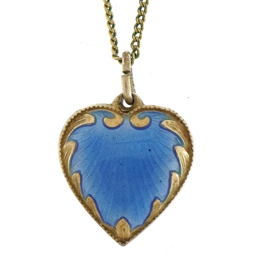 3046 - White metal blue guilloche enamel love heart pendant on a yellow metal necklace, the suspension loop... 