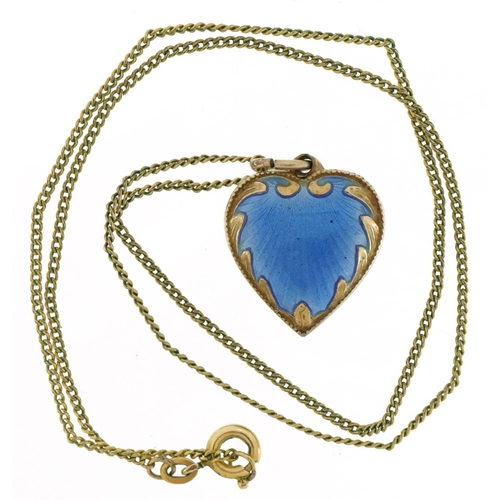 3046 - White metal blue guilloche enamel love heart pendant on a yellow metal necklace, the suspension loop... 