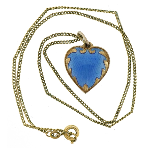 3046 - White metal blue guilloche enamel love heart pendant on a yellow metal necklace, the suspension loop... 